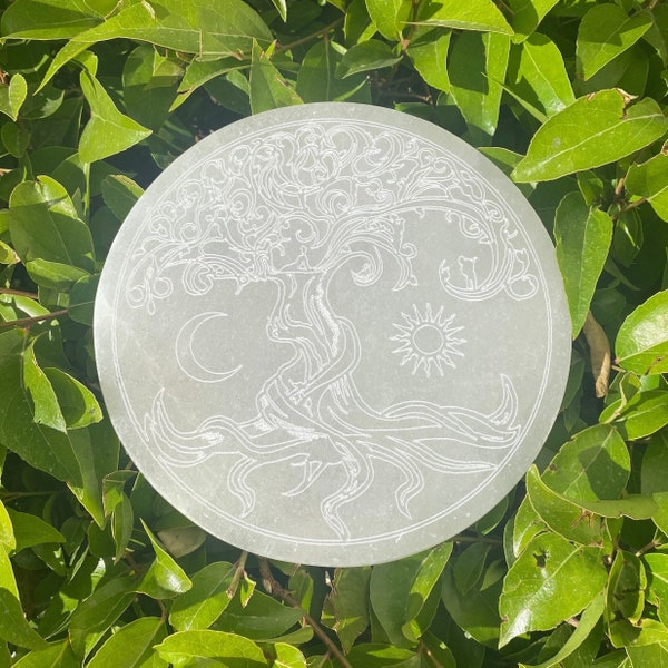 Selenite Tree of Life Etched Charging Plate (3 Sizes Available), Hand Carved Polished Plate, Selenite Slab, Selenite Grid, Sun and Moon