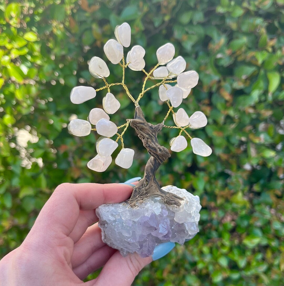 Rose Quartz Crystal Bonsai Tree of Life, Gemstone Tree, Amethyst Druzy