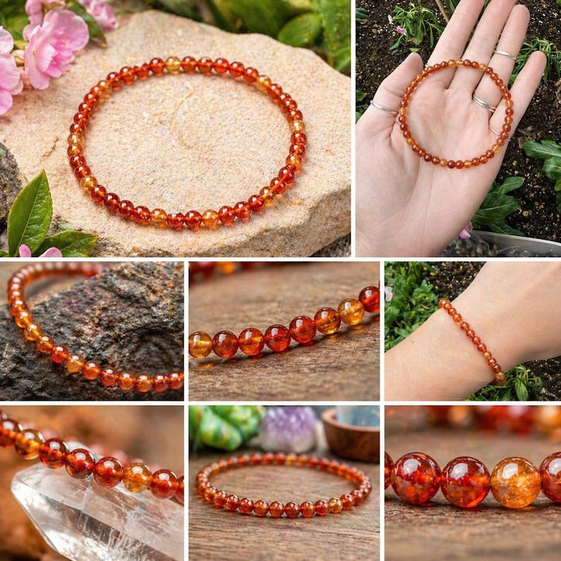 May include: A collection of images showcasing a beaded bracelet. The bracelet is made of small, round, orange and red beads. The bracelet is displayed on a rock, in a hand, and on a clear crystal. The beads have a glossy finish.