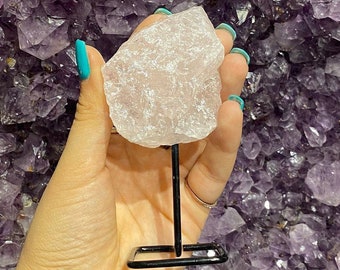 Rose Quartz Raw Stone on Metal Stand, Rose Quartz on Stand, Rose Quartz Mini Pin, Rose Quartz Healing Stone, Rose Quartz Decor