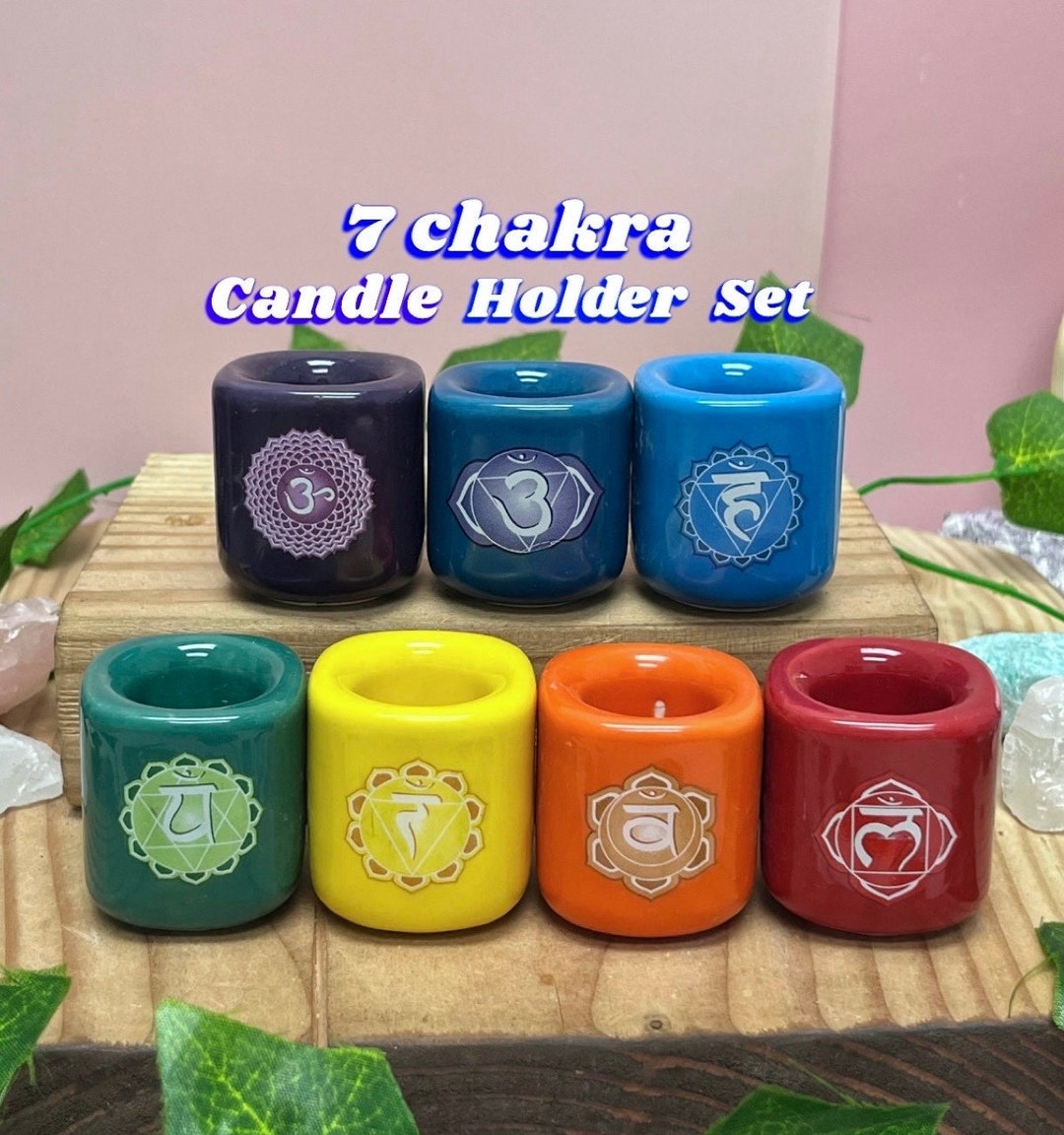 7 Chakra Ceramic Chime Candle Holder Set, Altar Candle Offering, Meditation Zen Room Decor, Cute