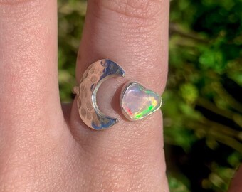 Moon and Ethiopian Opal Sterling Silver Ring, Moon Boho Ring, Rough Crystal Jewelry, Heart Chakra, Self Love Stone, Opal Ring, Bridesmaids