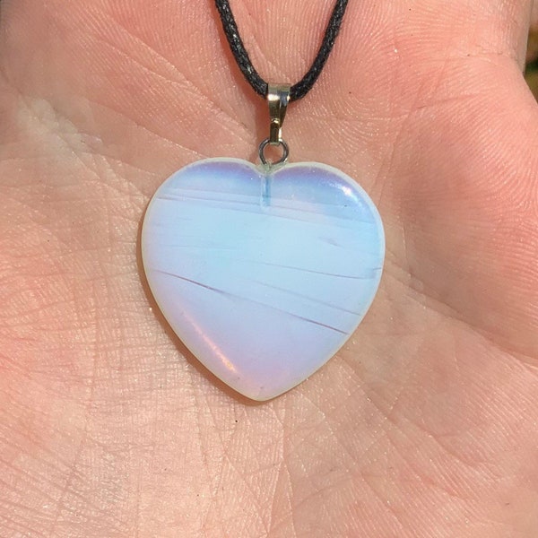 Opalite Heart Shape Pendant w/ Adjustable Cord Chain, Heart Carved Pendant, Opalite Necklace, Heart Dangle Pendant, Healing Necklace