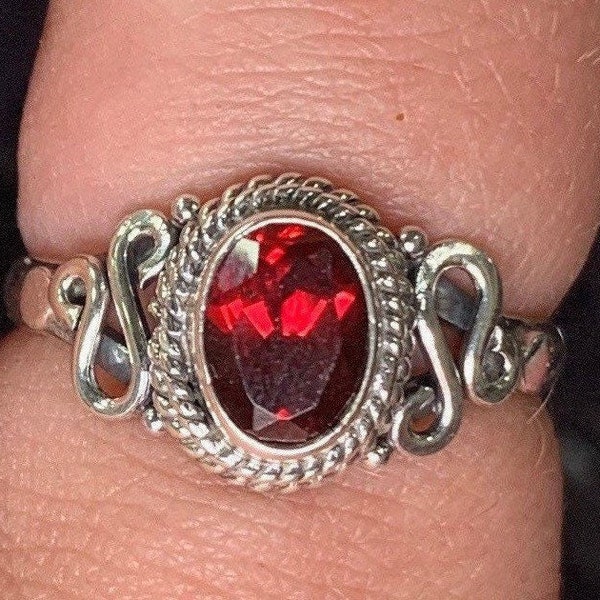 Oval Whirl Dotted Accent Garnet Sterling Silver Ring, Genuine Garnet Ring, Crystal Jewelry, Root Chakra, January Birthstone, ASJ, Red Ring