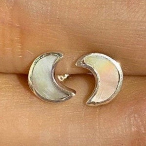 Mother of Pearl Crescent Moon Sterling Silver Stud Earring, Moon Earring, Mother of Pearl, Sterling Silver, Stud Earring, White Moon Earring