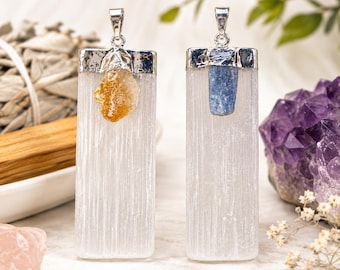 Selenite Crystal Necklace with Citrine or Kyanite Pendant, Healing Crystal Jewelry, Spiritual Gift, Cleansing Protection Necklace