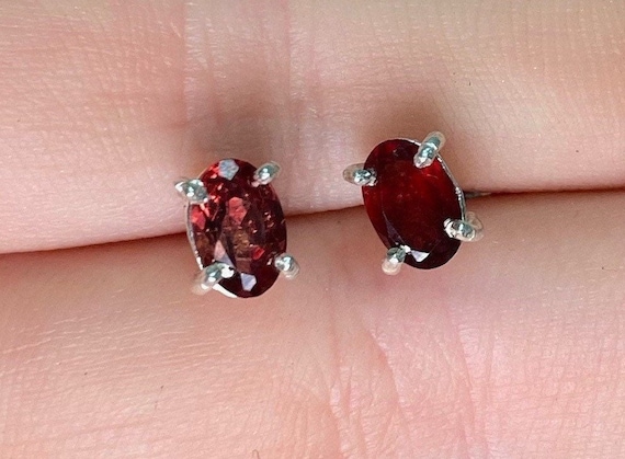 Garnet Oval Faceted Sterling Silver Prong Earring, Dainty Crystal Earrings, January Birthstone, Red Stone, Root Chakra, Grounding Stone, 925