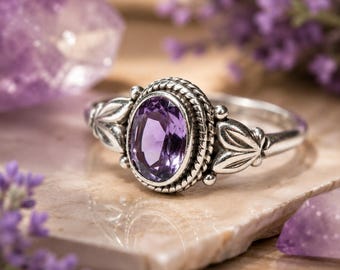 Oval Leaf Sterling Silver Amethyst Ring Genuine Amethyst February Birthstone Ring Handmade Leaf Ring Purple Gemstone Gift for Her