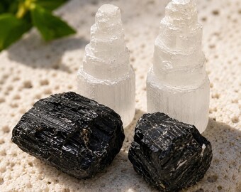 Black Tourmaline and Selenite Protection Kit, Home Protection Crystal Set, Office Energy Cleansing Gift, Desk Crystal Set 2 Selenite 2 Tour