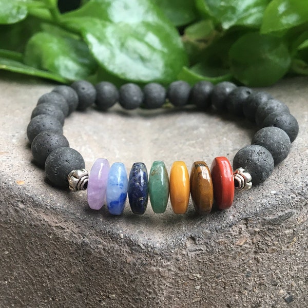 One Rondelle Chakra & 8mm Lava Stone Bracelet, Volcanic Lava Bracelet, Beaded Stone Bracelet, Chakra Balancing Bracelet, Stretch Bracelet