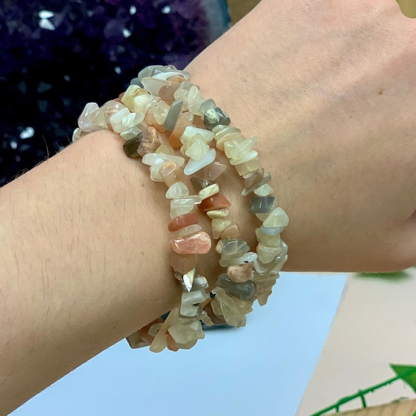 One Mixed Moonstone Chip Bracelet, Peach Moonstone, Gray and White Moonstone, June Birthstone, Female Power, Calming Stone