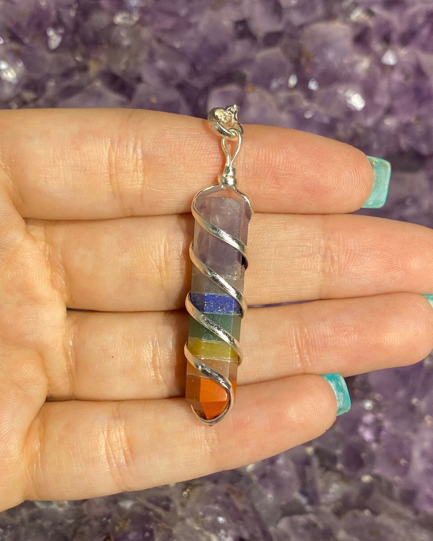 thumbnail image 2 of Wire Wrap Rainbow Crystal Pendant - 7 Chakra Necklace - Reiki Healing Charged - Handmade In USA 2 of 6