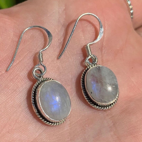 Moonstone Oval Rope Shaped Drop Sterling Silver Earrings, Female Energy, June Birthstone, 925 Crystal Earrings, Crown Chakra, Boho, ASJ