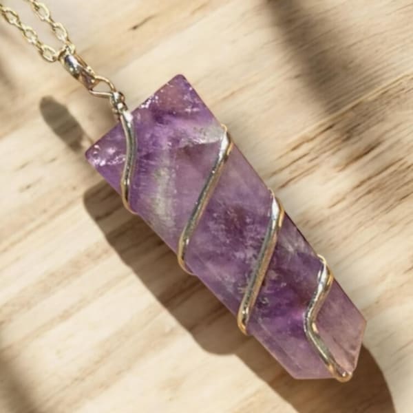 Flat Obelisk Amethyst Wire Wrapped Pendant – Raw Crystal Necklace with Optional Chain – Healing Stone Jewelry for Protection & Balance