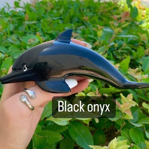 Black Onyx 6&quot; Crystal Dolphin Carving, Hand Carved Stone Dolphin, Black Onyx, Stone Dolphin Figurine, Dolphin Gift, Ocean Decor, MM