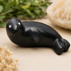 Black Marble Seal Carving Handmade Stone Seal Figurine Ocean Animal Sculpture Sea Lover Gift Coastal Home Decor Marine Life Collectible image 1