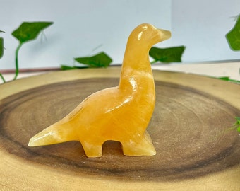 Small Orange Calcite Brontosaurus – Longneck Dinosaur Carving, Dino Statue, Jurassic Decor, Paleontology Gift, Fossil Lover Gift