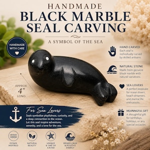Black Marble Seal Carving Handmade Stone Seal Figurine Ocean Animal Sculpture Sea Lover Gift Coastal Home Decor Marine Life Collectible image 6