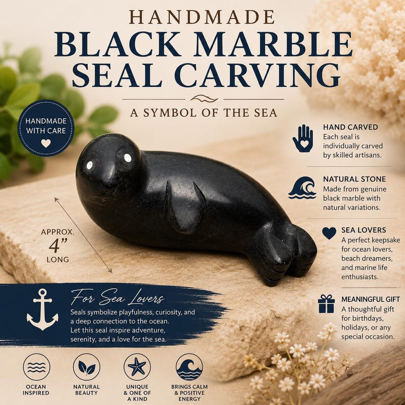 Black Marble Seal Carving Handmade Stone Seal Figurine Ocean Animal Sculpture Sea Lover Gift Coastal Home Decor Marine Life Collectible image 6