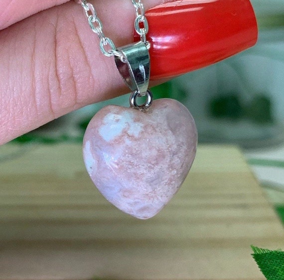 Flower Agate Puffy Heart Shape Pendant, Heart Carved Pendant, Heart Chakra, Growth Stone, Dainty Heart, Flower Agate Jewelry, SFG