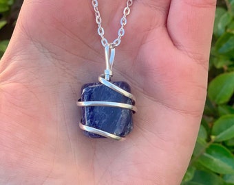 Sodalite Free Form Wire Wrap Necklace, Crystal Stone Wrap, Throat Chakra, Communication Stone, Blue Necklace, Healing, Bridesmaids, Chakras