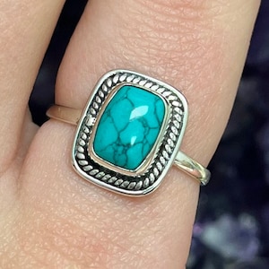 Rectangle Rope Turquoise Sterling Silver Ring, 925 Crystal Ring, Good Luck Stone, Throat Chakra, December Birthstone, Turquoise Jewelry