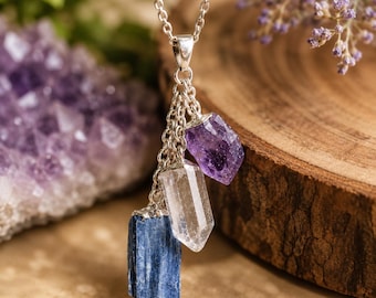 Amethyst Kyanite Clear Quartz Pendant – Triple Stone Healing Crystal Necklace – Handmade Spiritual Jewelry Gift for Her Unique Energy Charm