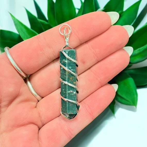 Wire Wrapped Bloodstone Pendant Necklace – Spiral Wrapped Healing Crystal Jewelry, Heart Chakra Support, Stress Relief Gift for Anxiety
