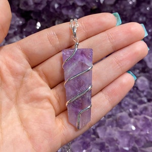 Amethyst Flat Obelisk Wire Wrap Pendant with Plated Chain, Amethyst Pendant, Wire Wrapped Amethyst Necklace, Amethyst Jewelry