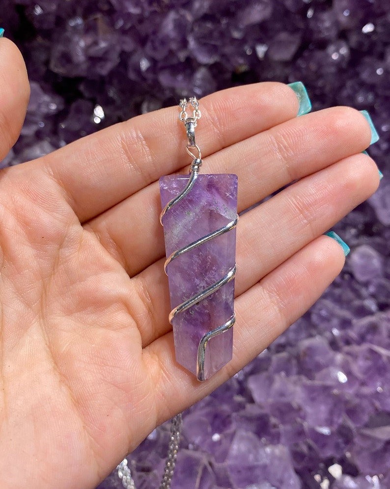 Amethyst Flat Obelisk Wire Wrap Pendant with Plated Chain, Amethyst Pendant, Wire Wrapped Amethyst Necklace, Amethyst Jewelry 