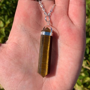 Tigers Eye Swivel Necklace with Silver Plated Chain, Terminated Point, Solar Plexus Chakra, Strength Stone, Brown Necklace, Confidence Stone
