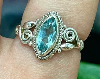 Blue Topaz Marquise Spiral Accent Sterling Silver Ring, Genuine Blue Topaz, December Birthstone, 925 Jewelry, Healing, Throat Chakra, ASJ