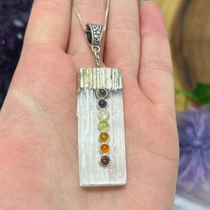 Selenite 7 Chakra Gemstone Pendant, Rhodium Plated Selenite Pendant, Cleansing Stone, Selenite Jewelry, Manifest, Crown Chakra, Healing, AO