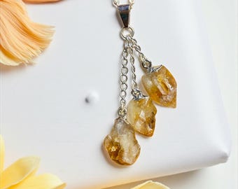 Triple Point Citrine Pendant — Three-Stone Citrine Necklace, Raw Crystal Point Jewelry for Abundance, Prosperity & Positive Energy