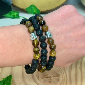 Tigers Eye & Lava Rock Buddha Head 8mm Round Bead Bracelet, Buddha Charm, Solar Chakra, Strength Stone, Boho Style Jewelry, Mixed Bead, VG