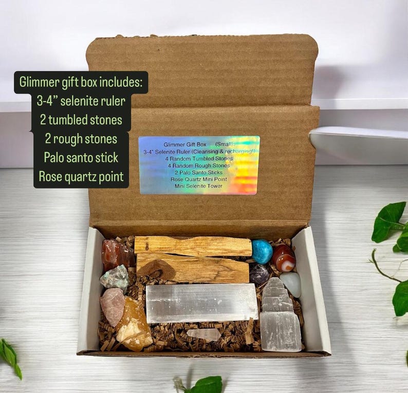 Crystal Box - Bracelets, Palm Stones, Selenite, Palo Santo, Tumbled and Rough Stones, Crystal Confetti, and Crystal Gifts! Glimmer Gift Box