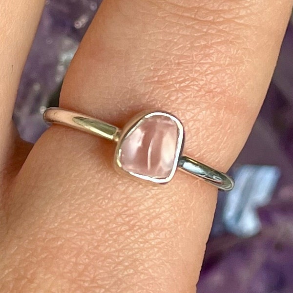 Rough Rose Quartz Sterling Silver Ring, Stackable Ring, Rough Crystal Jewelry, Heart Chakra, Self Love Stone, Popular Pink Ring, Bridesmaids