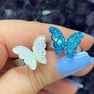 Iridescent Butterfly Silver Band Stainless Steel Ring (Multiple Colors), Cute Jewelry Gift for Her, Growth & Transition, Spirit Animal, Boho