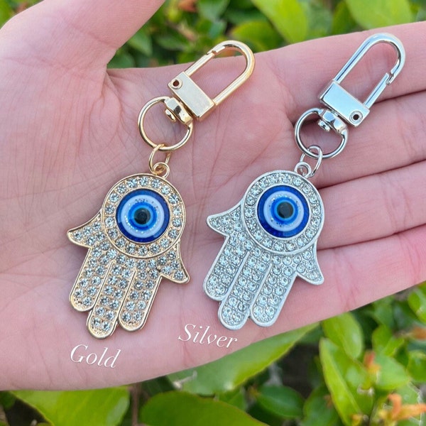 Rhinestone Hamsa &  Evil Eye Keychain, Turkish Evil Eye, Karmic Protection, Talisman, Glass Eye, Nazar Eye, Hamsa, Driver Protection, AFJ