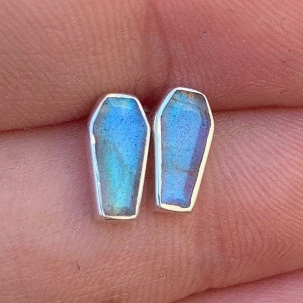 Labradorite Coffin Shape Sterling Silver Earring, Inlay Stud Earrings, Oddity Jewelry, Spiritual Protection, Healing, Third Eye Chakra