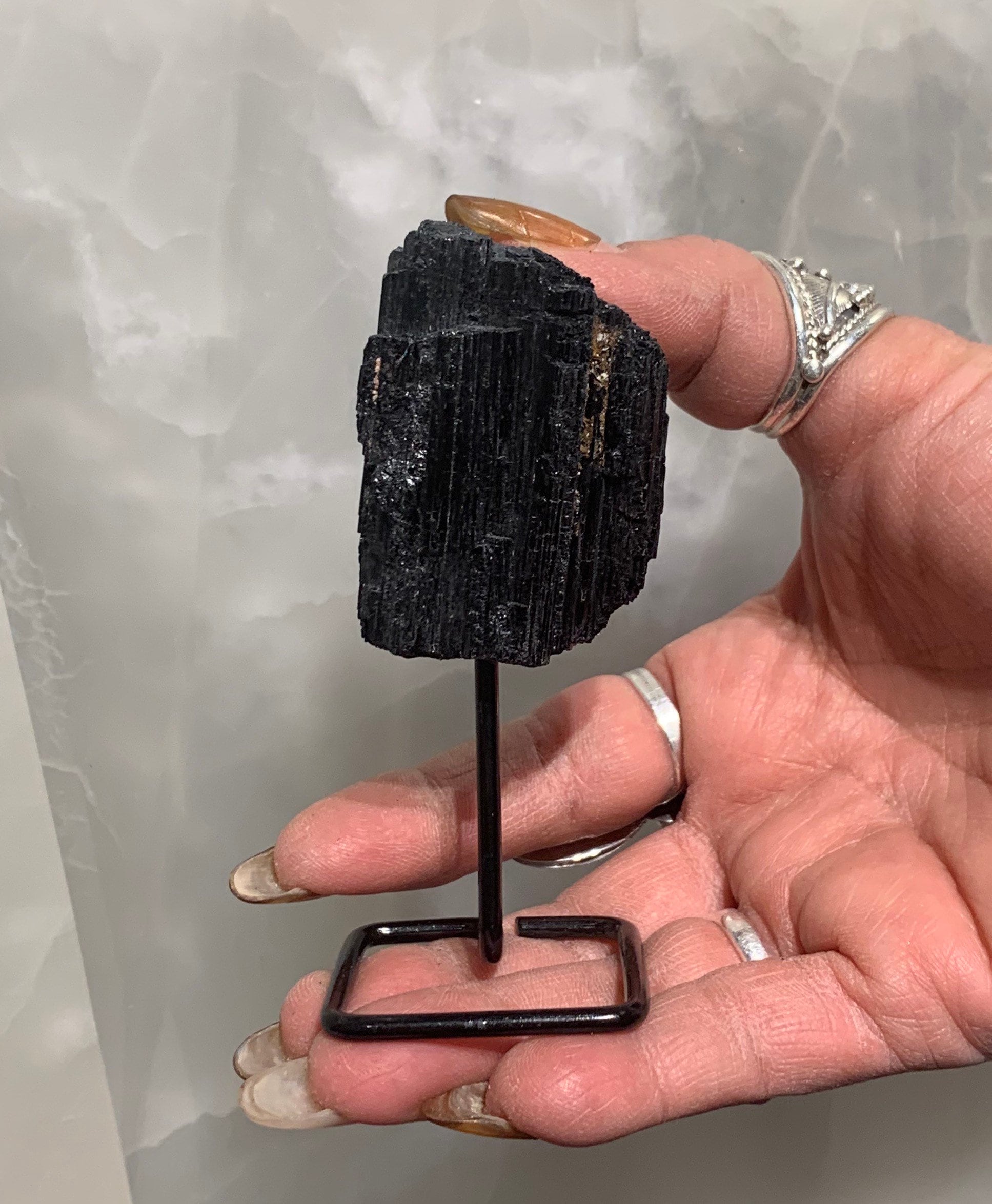 One Rough Black Tourmaline Metal Stand, Tourmaline Chunk on Stand, Point on Stand Pin, Tourmaline Protect Stone, Rough Tourmaline, Raw Black