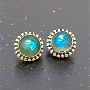 Labradorite Round Sun Outline Stud Sterling Silver Earrings, Third Eye Chakra, Spiritual Protection, Boho, 925 Sterling Silver, Stud Earring