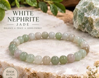 White Nephrite Jade Bracelet 6mm Natural Stone Beaded Bracelet Healing Crystal Jewelry Green White Jade Bracelet Gift for Her