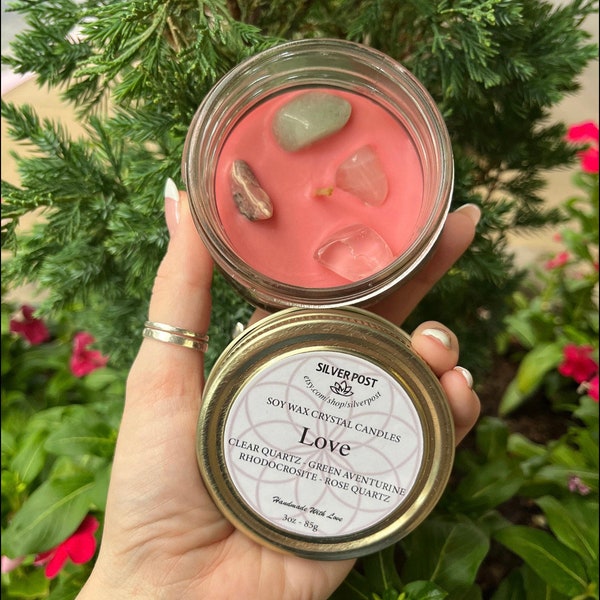 Hand Made 3oz Crystal Candle for Love, Soy Wax Aromatherapy, Crystal Infuse, Gift for Her, Moonstone, Rose Quartz, Rhodochrosite, Aventurine