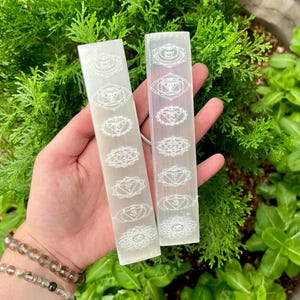 May include: Two rectangular, translucent selenite wands. Each wand is etched with seven chakra symbols in white. The wands are held against a backdrop of green foliage.