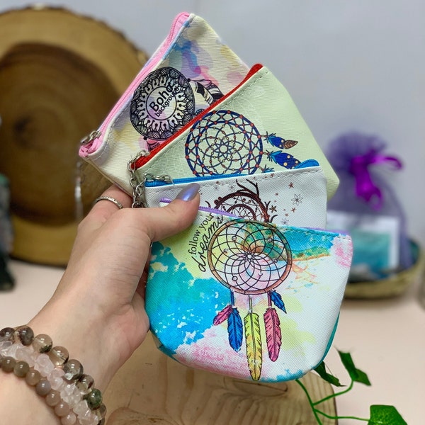 Dream Catcher Coin Keychain Pouch (Multiple Designs), Crystal Holder, Zipper Crystal Bag, Coin Purse, Jewelry Bag, Boho Bag, Kids Purse