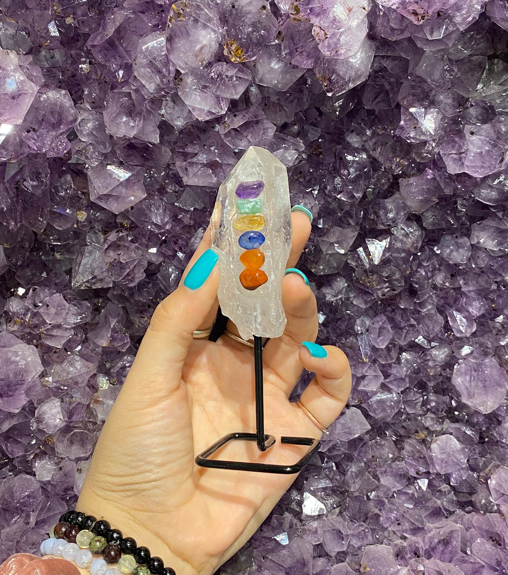 Quartz Chakra on Metal Stand, Chakra on Clear Quartz, Chakra Quartz M…