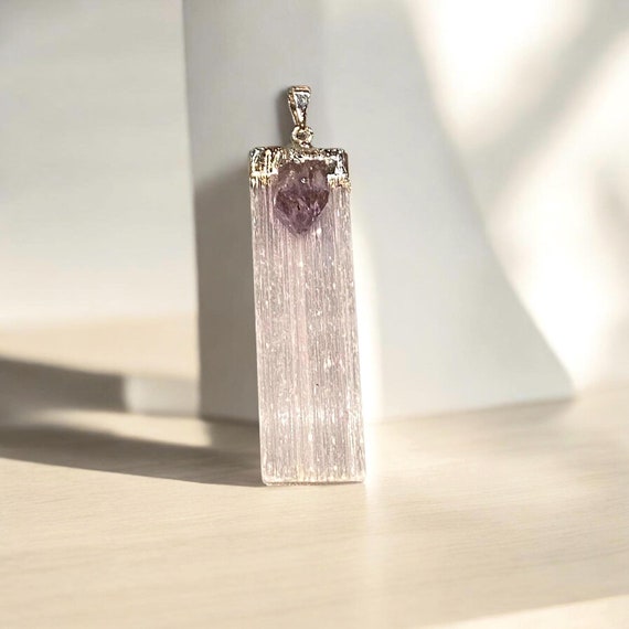 Selenite and Amethyst Pendant, Selenite and Amethyst Necklace, Meditation Stone, Cleansing Stone, Positivity, Protection, Healing, Dream