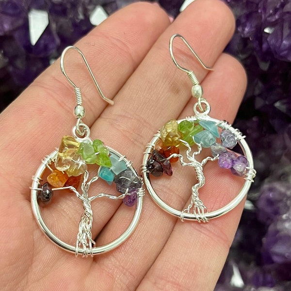 Chakra Tree of Life Dangle Rhodium Plated Earrings, Chakra Earrings, Boho Jewelry, Healing Stones, Rainbow Earrings, Tree of Life, AO