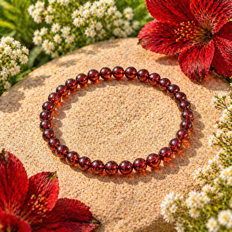 May include: A beaded bracelet made of small, round, deep red gemstones. The bracelet is resting on a sandy surface, surrounded by red flowers and small white flowers.